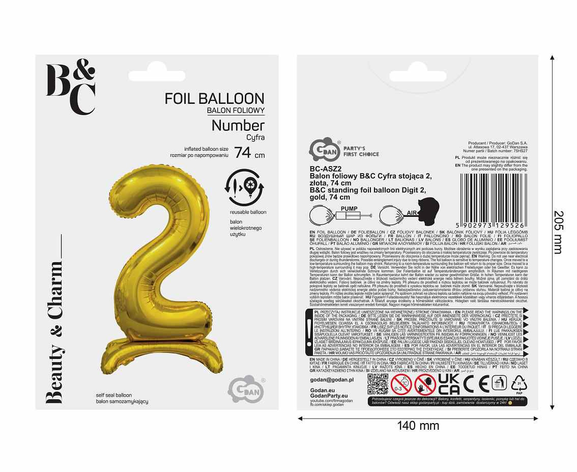 B&C standing foil balloon Digit 2, gold, 74 cm